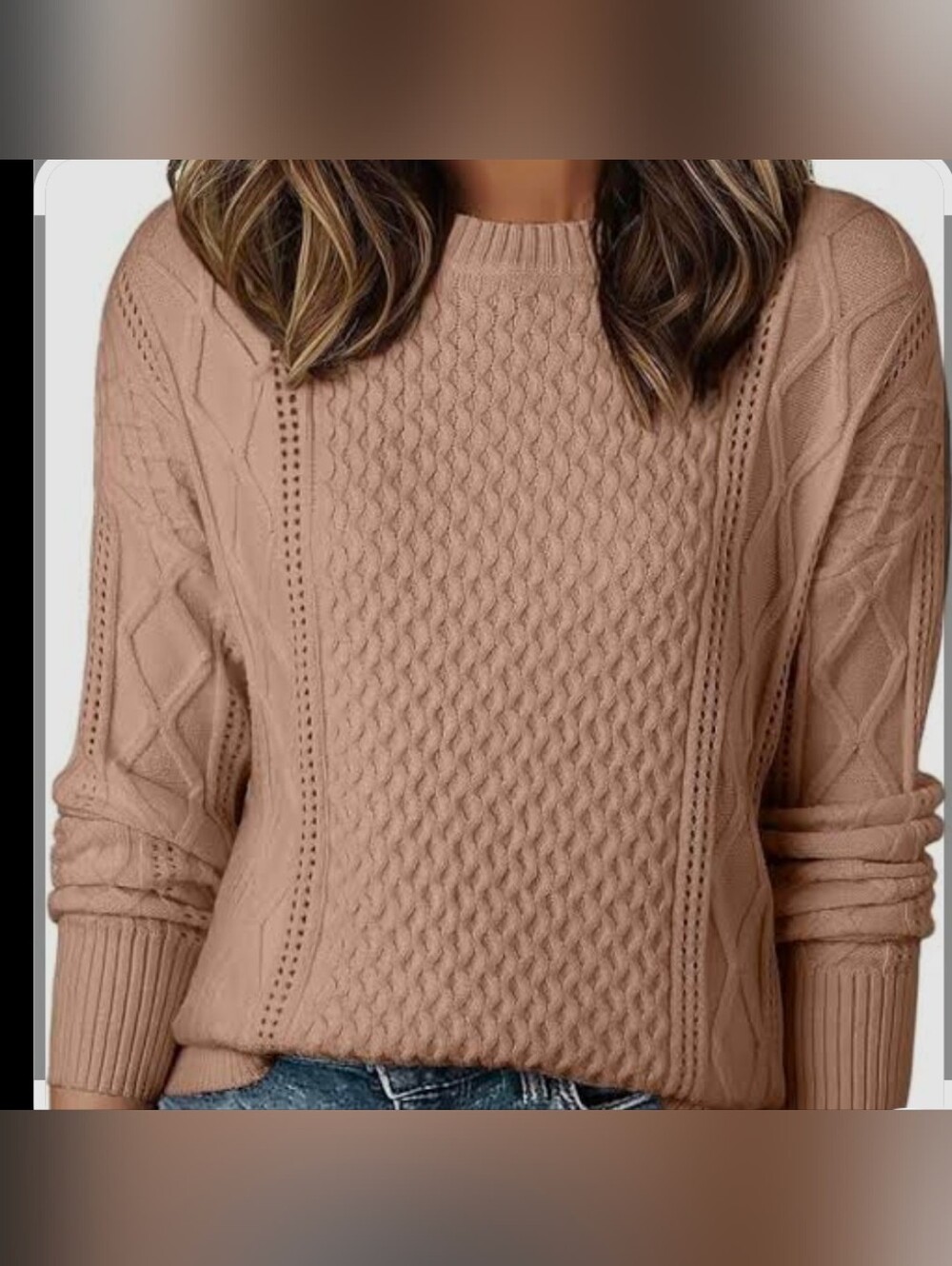 Taupe Cable-Stitch Crewneck Sweater